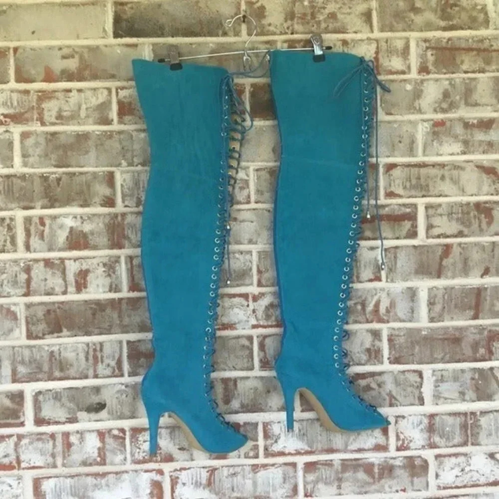 Teal Lace-Up Over-the-Knee Stiletto Boots